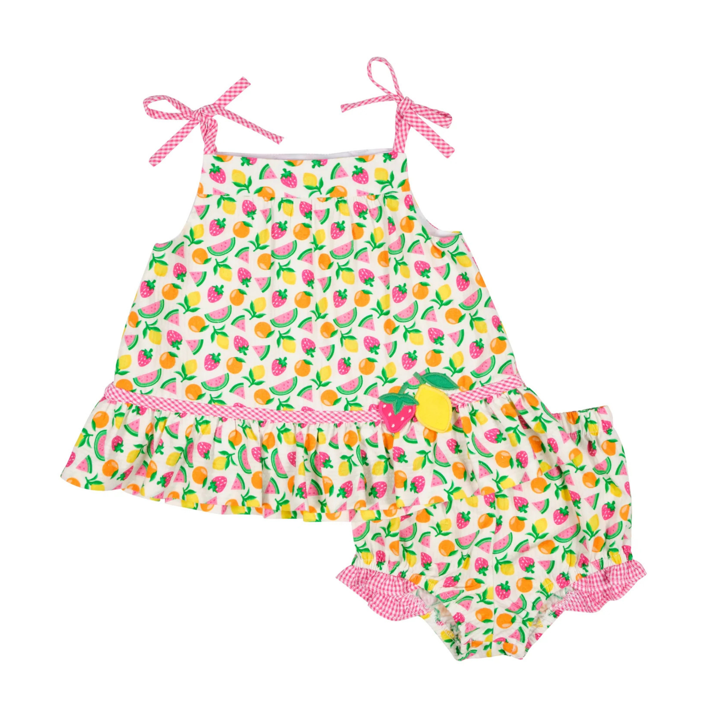 Fruit seersucker dress & bloomers