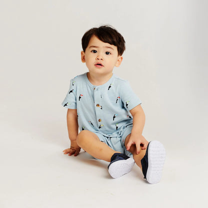 Blue toucan knit s/s romper & bib