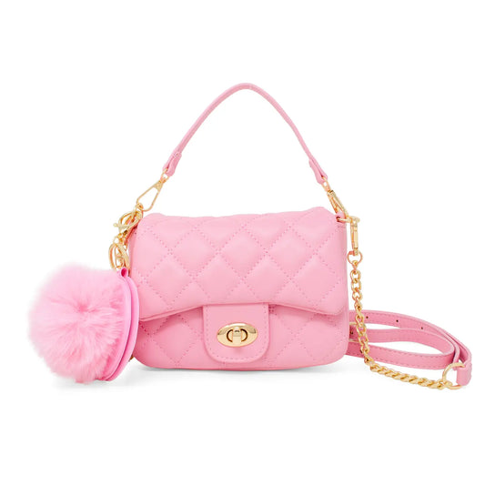 Quilted purse w. mirror & pom pom - pink