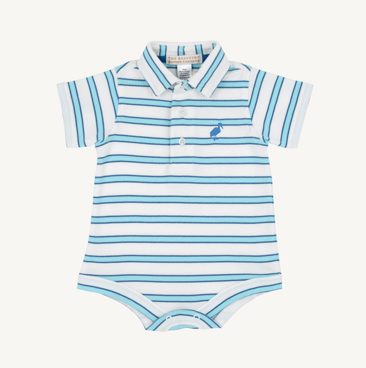 Prim and proper s/s polo onesie - wawhite/belhaven blue stripe