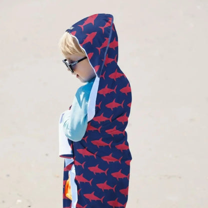 UPF 50+ beach towel w. hood - pink sharks