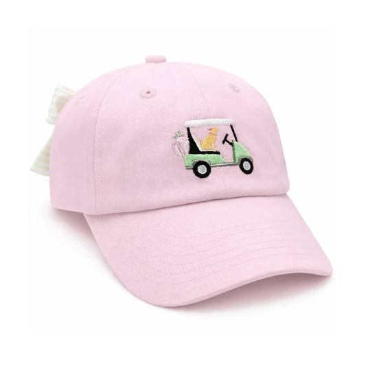 Dog in golf cart bow baseball hat - pink