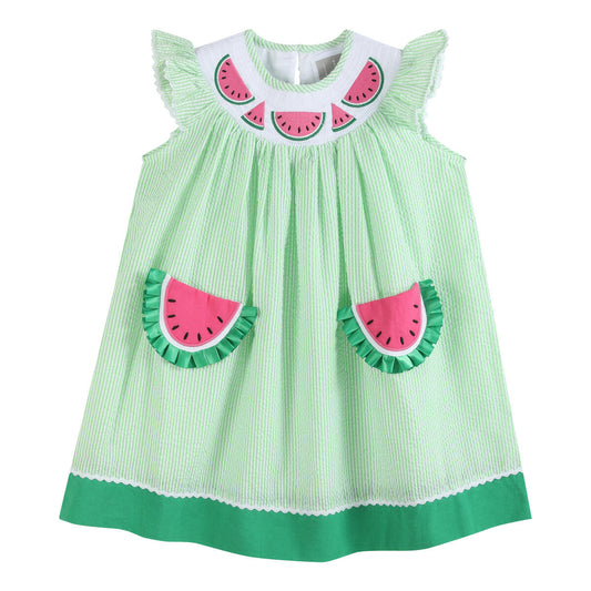 Green seersucker watermelon smocked bishop dress