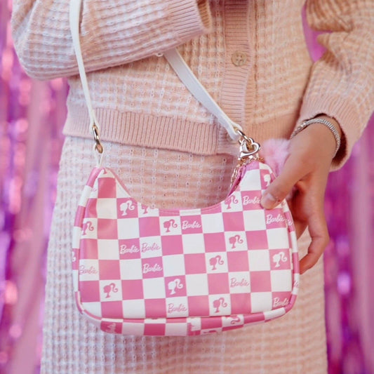 Barbie Pink Checkered Kids Hobo Handbag