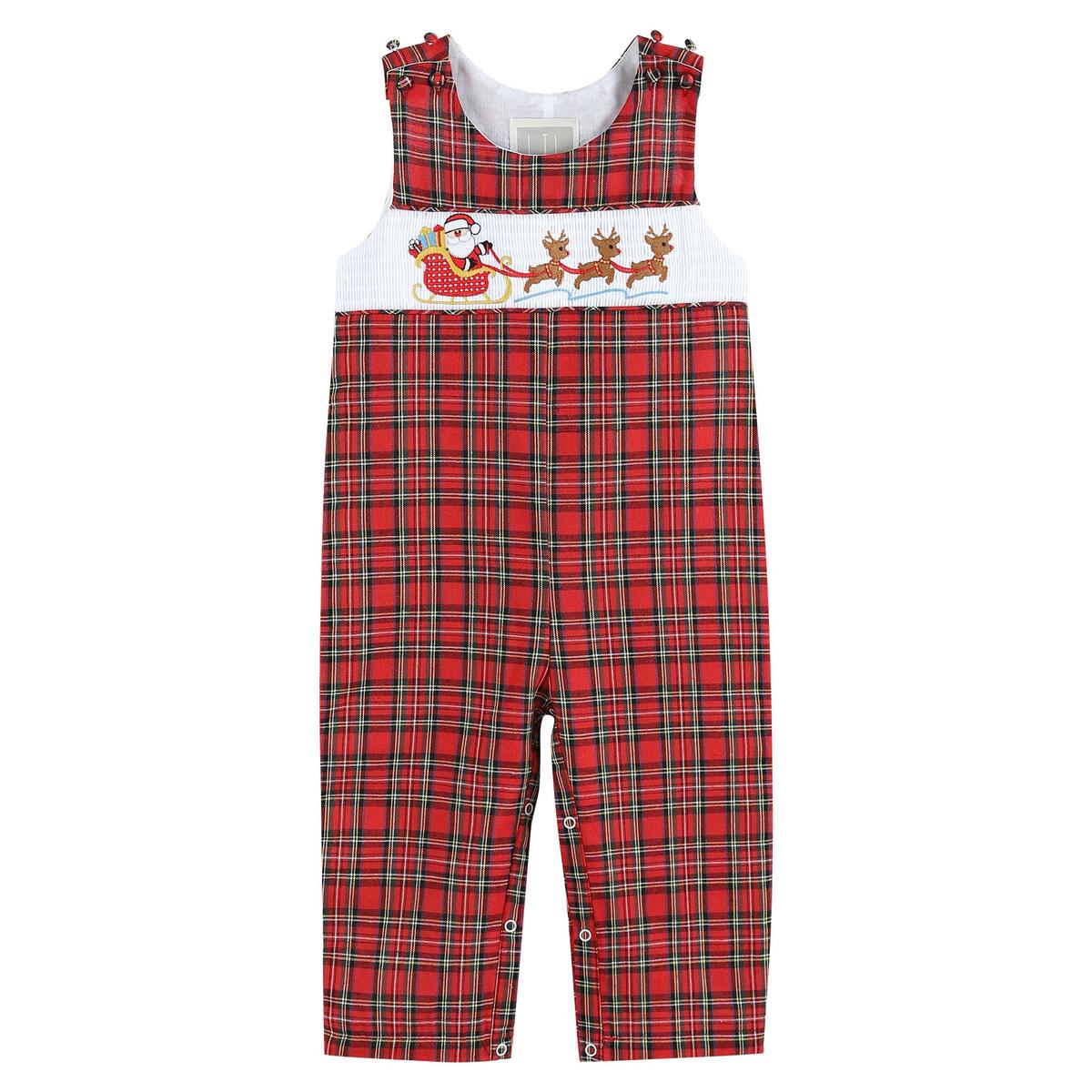 Santa sleigh smocked overalls