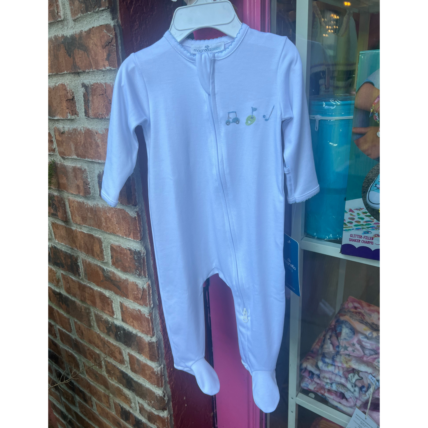 Tiny tee time emb zipper footie - blue