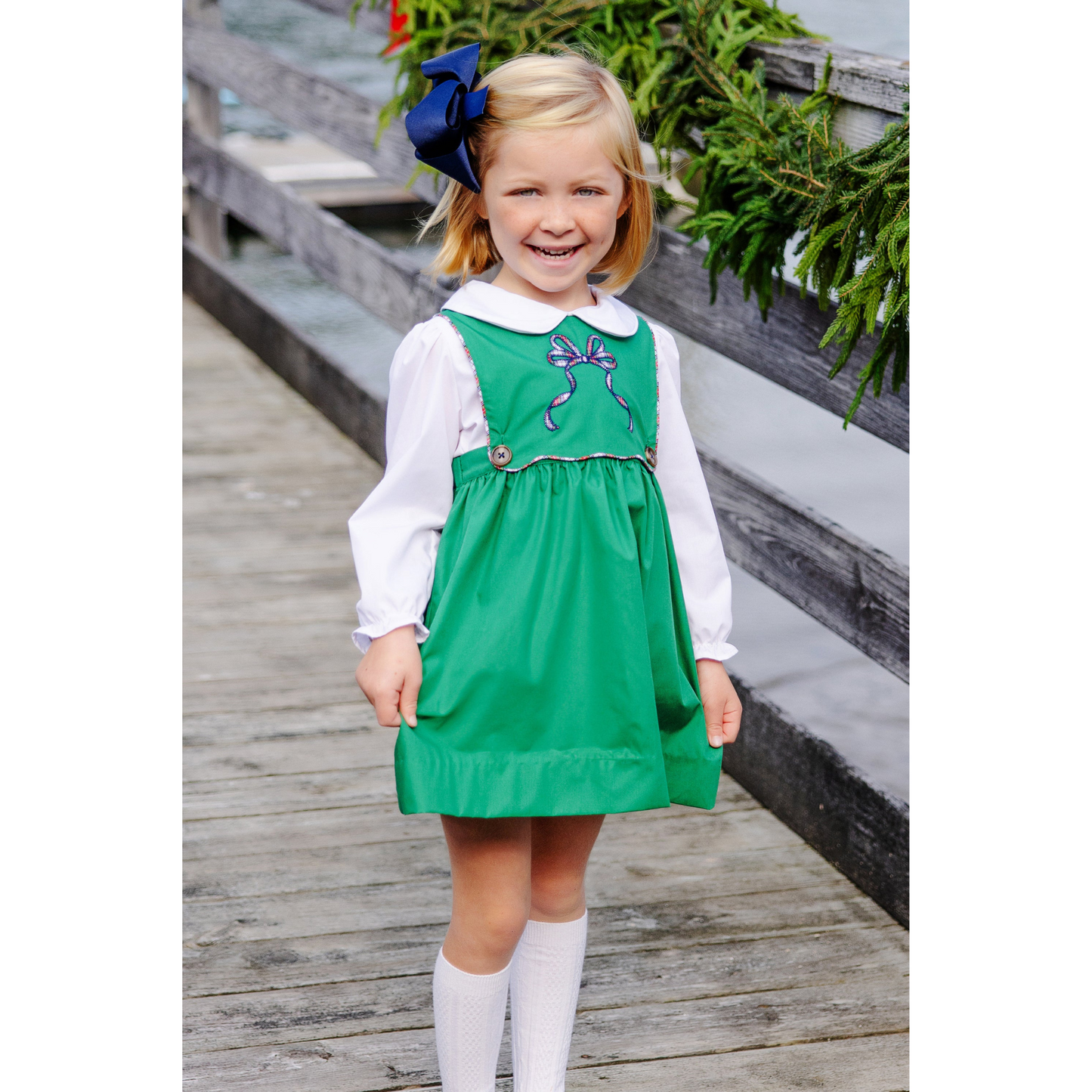 Brady button in dress - bow/kiawah kelly green