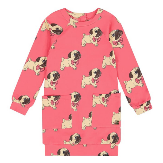 Pink l/s pocket dress w. pugs