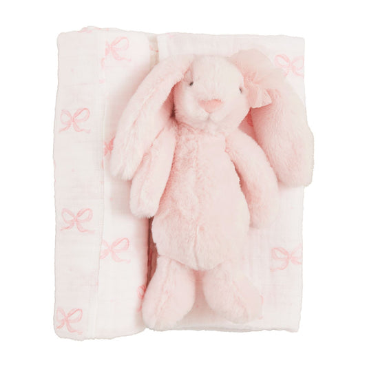 Pink bow bunny swaddle & rattle