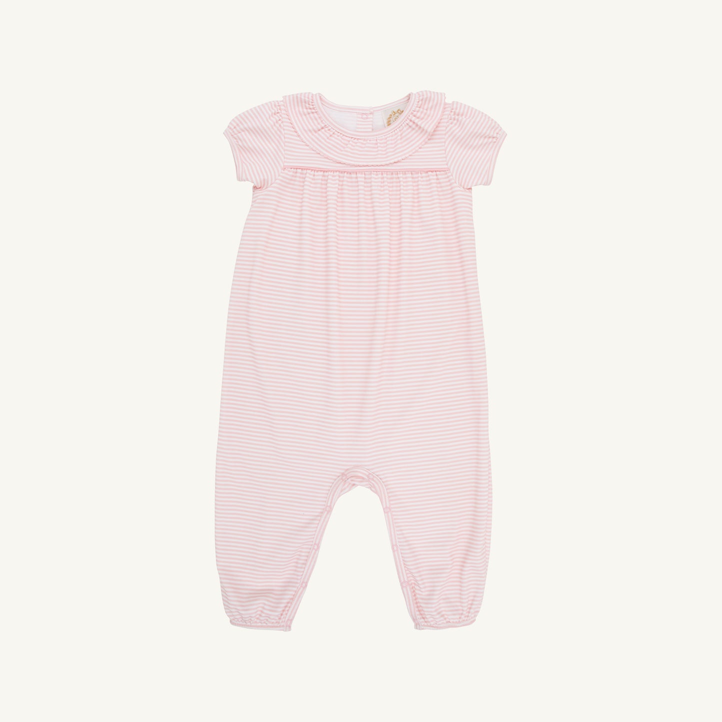 Ramona s/s ruffle romper - sandpearl pink stripe