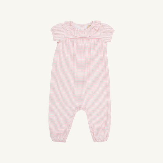 Ramona s/s ruffle romper - sandpearl pink stripe