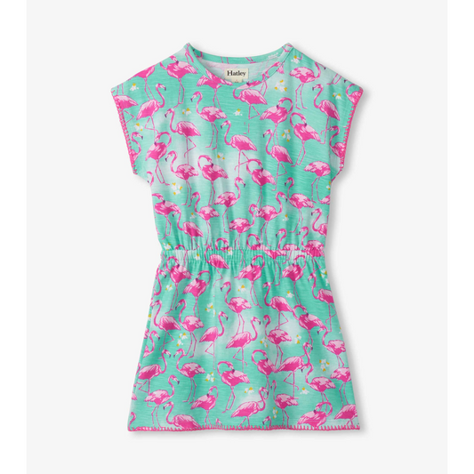 Whimsical flamingos cinched waist relaxed dress