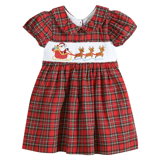 Santa sleigh plaid smocked dress