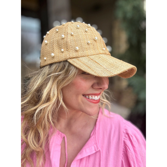 Raffia ball cap w. pearl beads