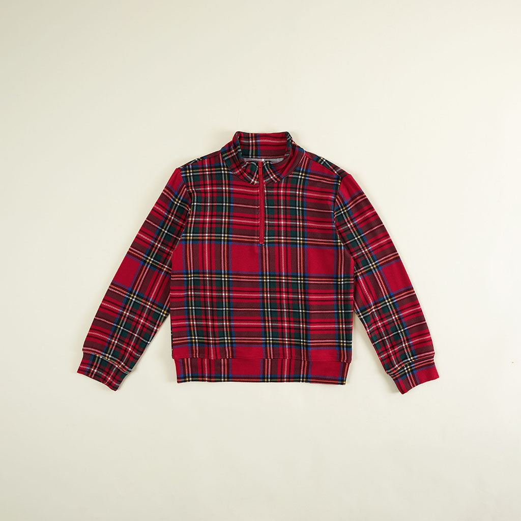 Red Tartan Plaid - French Terry 3/4 Zip Sweatshirt