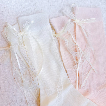 Lace and satin bow back socks