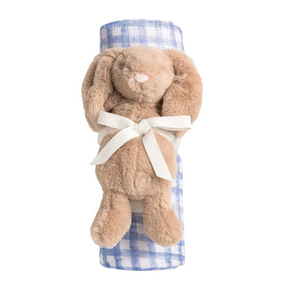 Blue check bunny swaddle & rattle