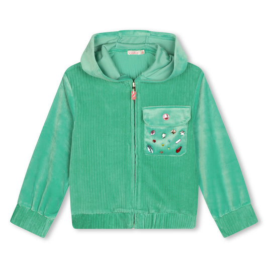 Velvet zip up sweatshirt w. studded pocket - green