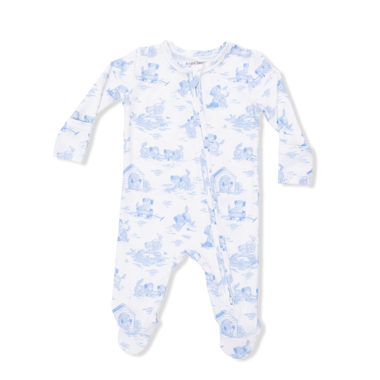 Puppy toile blue 2 way zipper footie