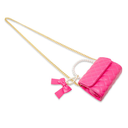 Quilted pearl handle bow ribbon handbag - hot pink