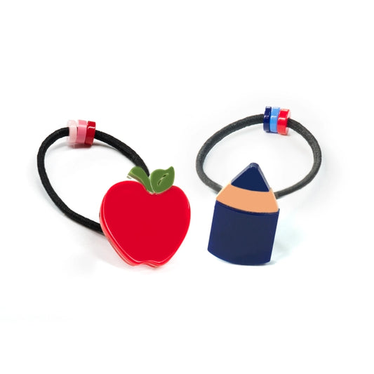 Apple and pencil navy hair ties