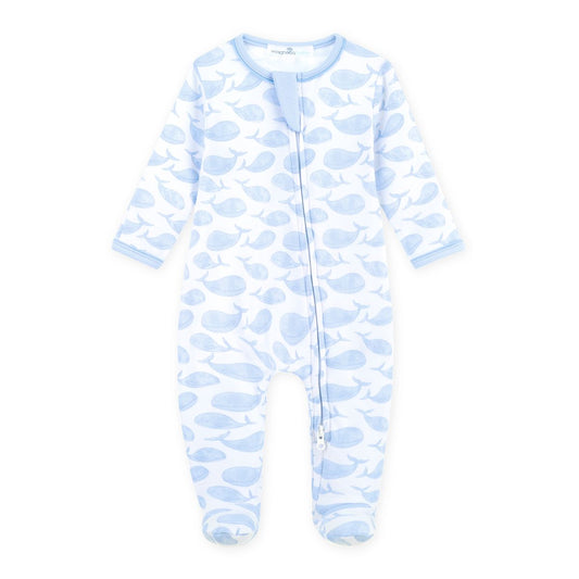 Azure whales footie - light blue