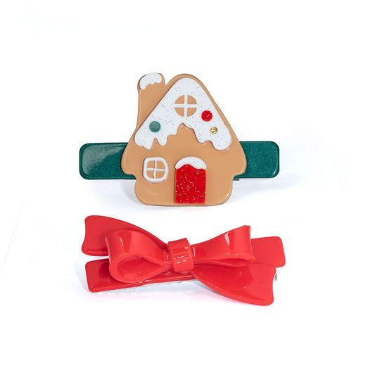 Gingerbread house red bow hair clips
