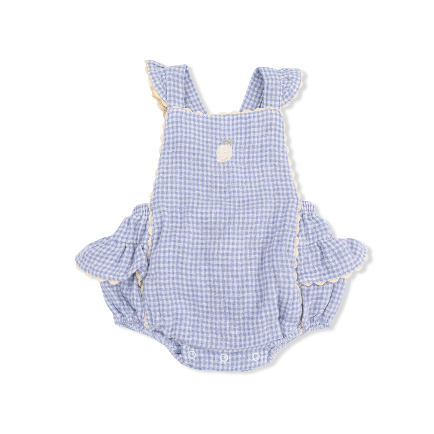 Micro gingham blue blizzard ric rac ruffle sunsuit