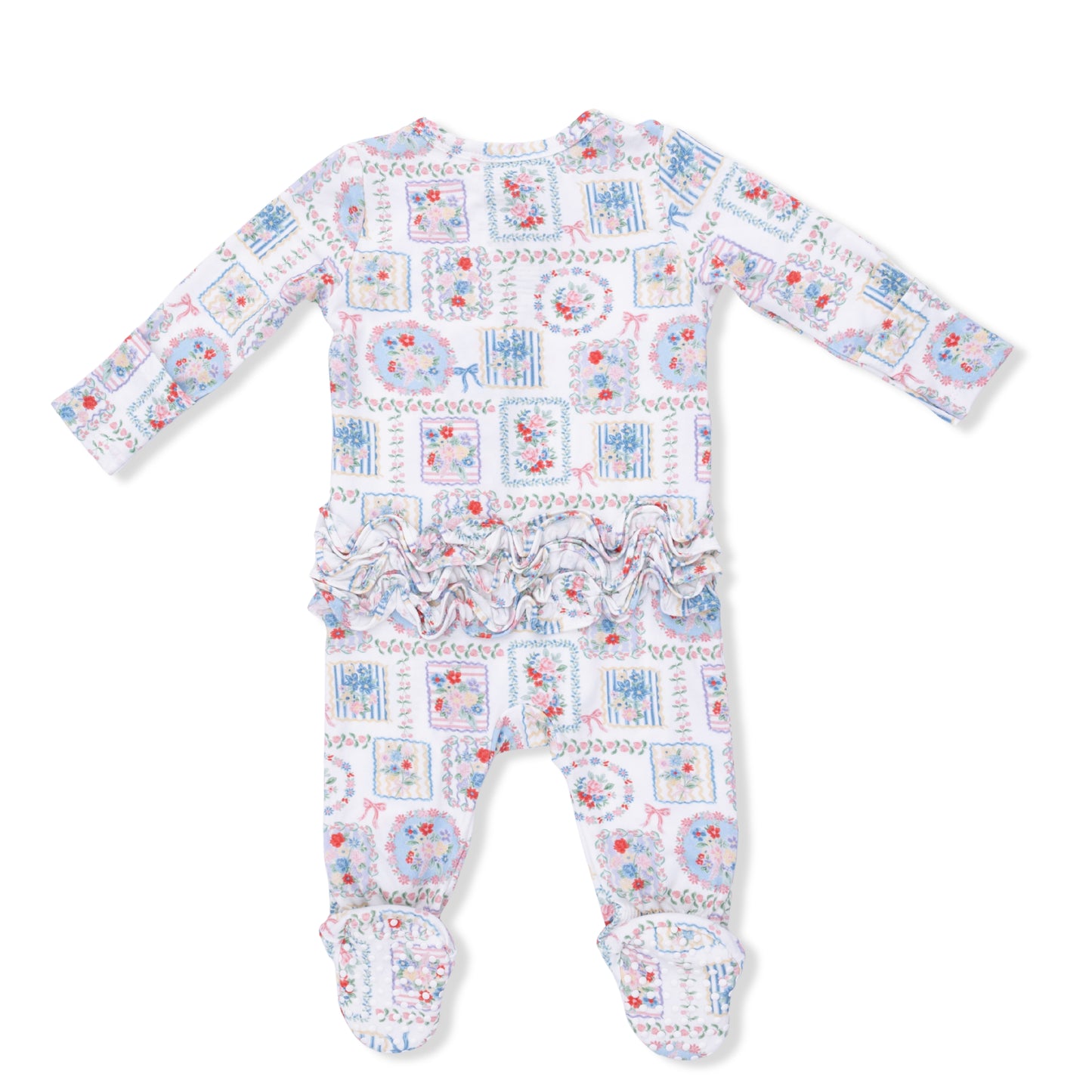 Julep's floral patchwork 2 way ruffle zipper footie