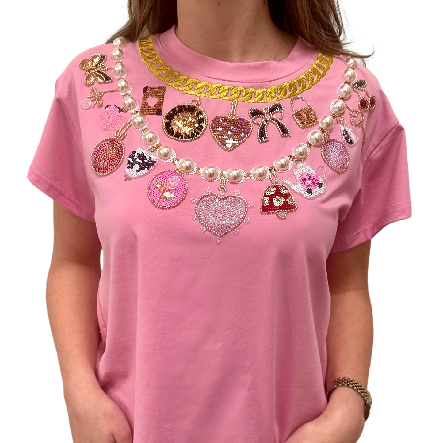 Pearl & chain vday charm necklace tee