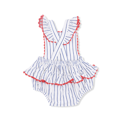 Baseball stripe ric rac ruffle sunsuit