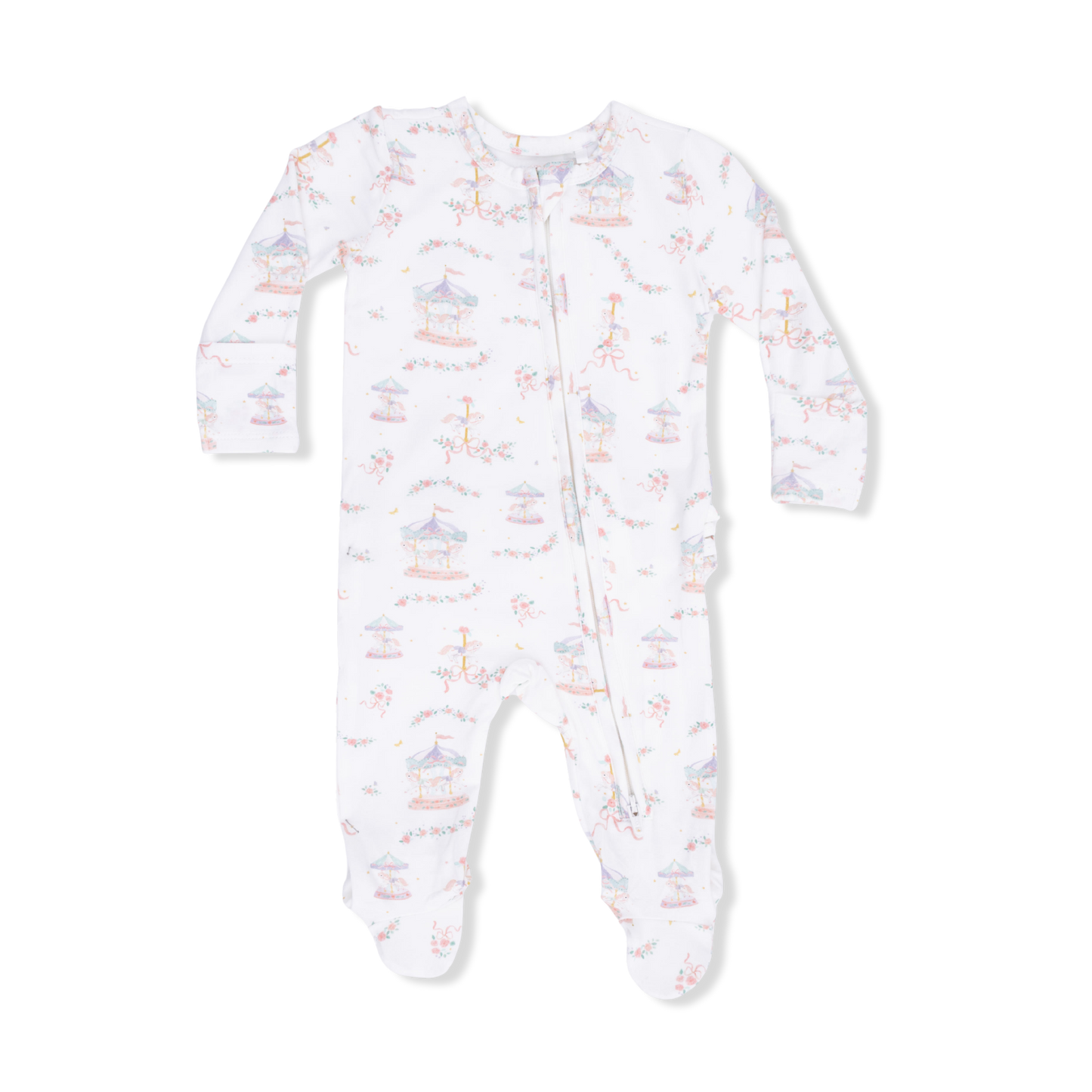 Carousel w. bows 2 way ruffle zipper footie