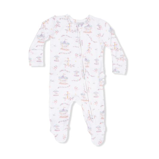 Carousel w. bows 2 way ruffle zipper footie