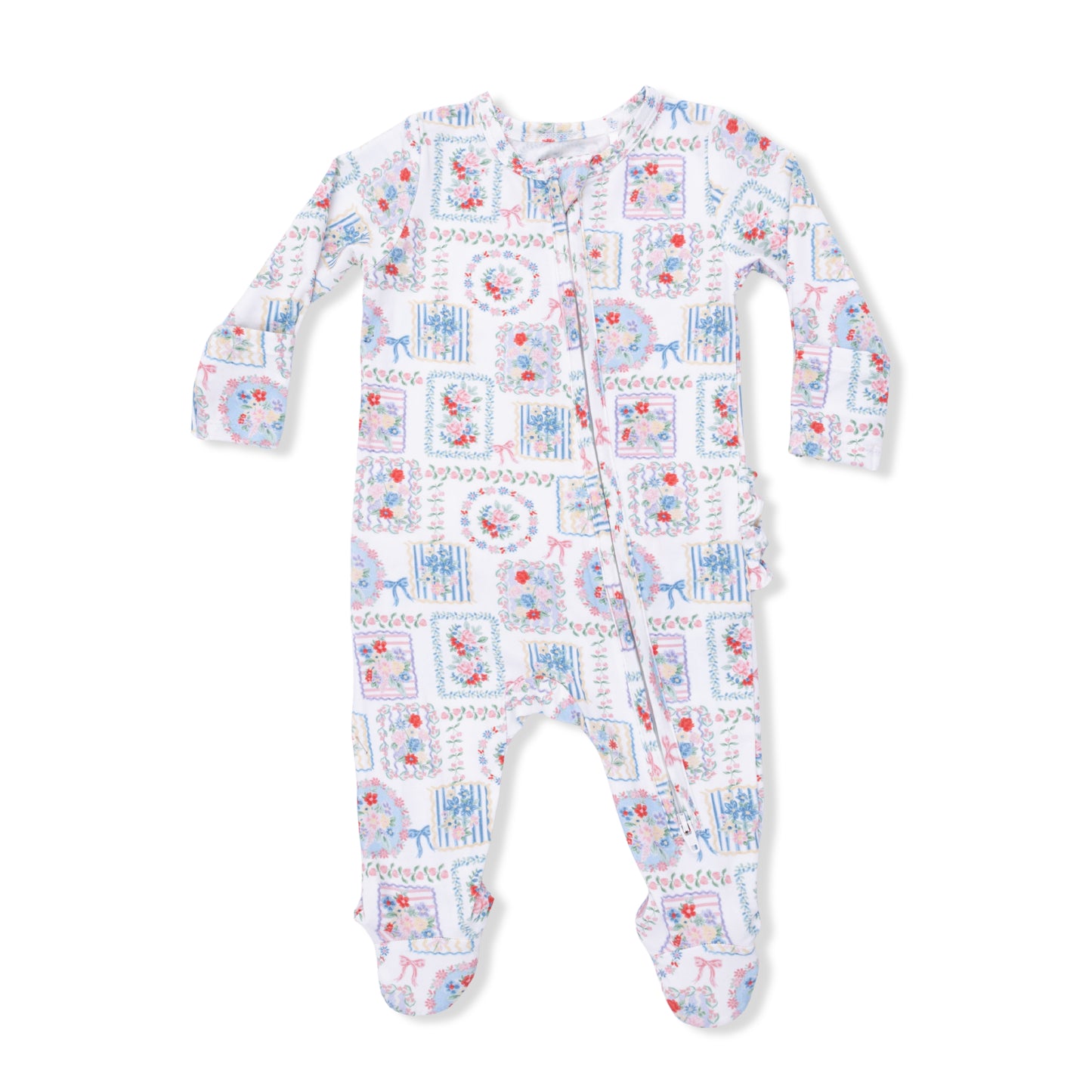 Julep's floral patchwork 2 way ruffle zipper footie