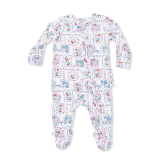 Julep's floral patchwork 2 way ruffle zipper footie