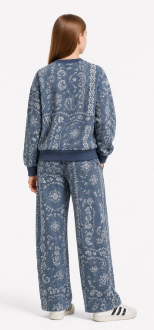 Dark Denim Bandana Print French Terry Wide Leg Pant