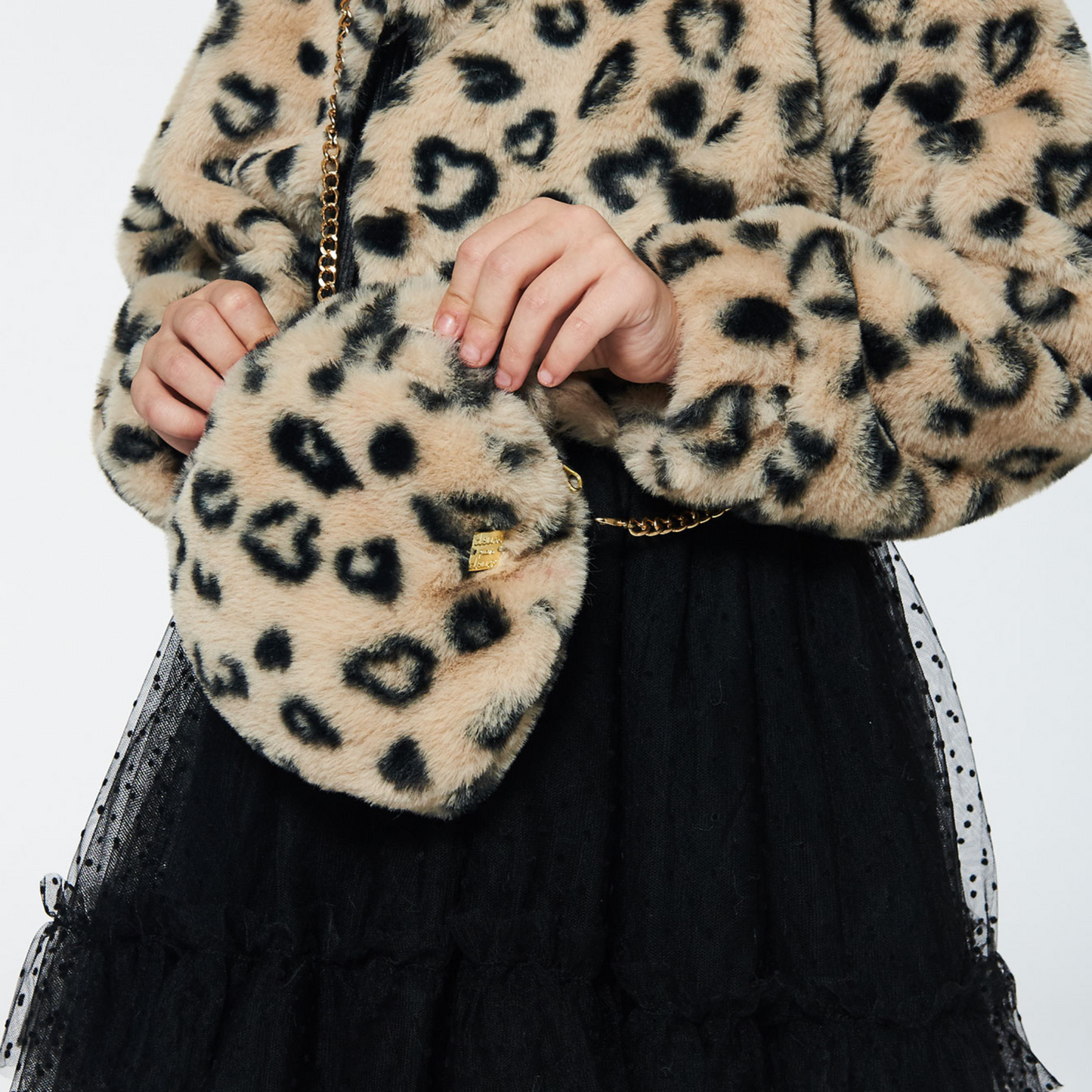 Faux fur shoulder bag - cheetah hearts