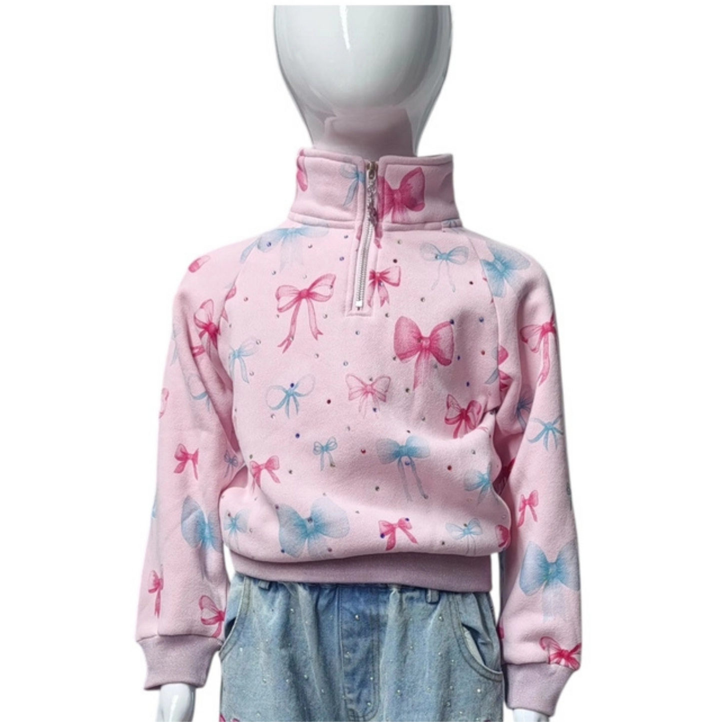 Bow pattern gem 3/4 zip crewneck