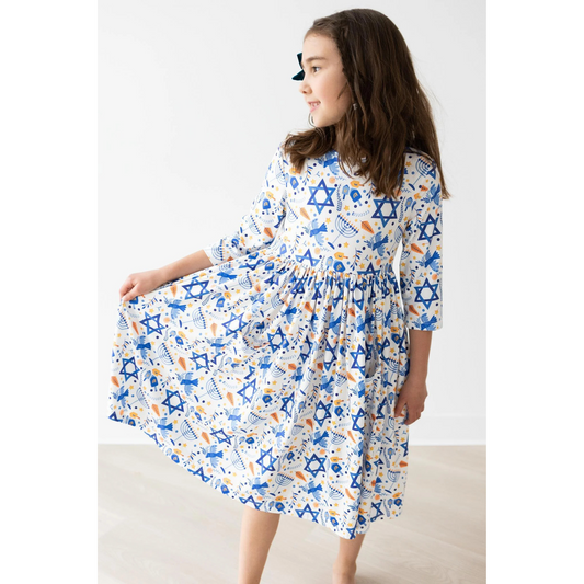 Happy Hanukkah 3/4 sleeve pocket twirl dress