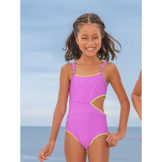 Side cute w. embroidery one piece - purple