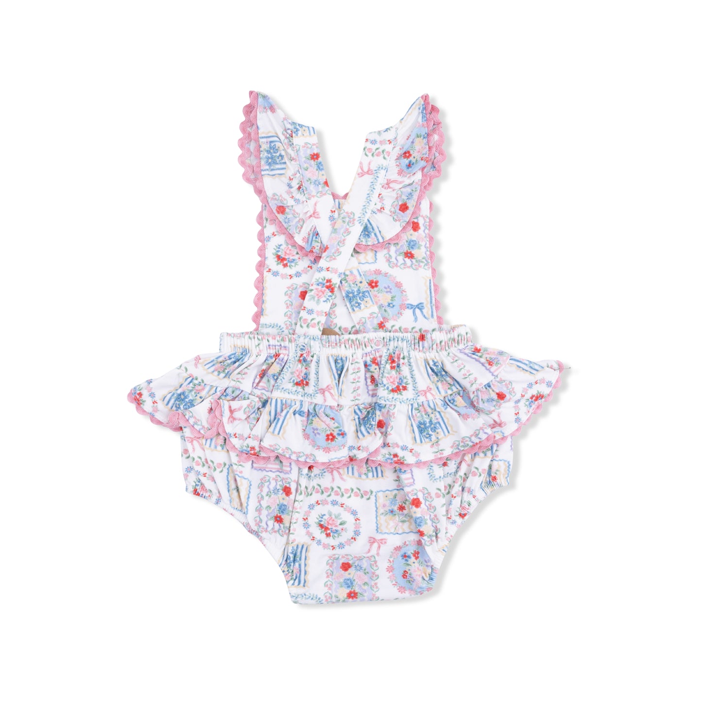 Julep's floral patchwork ric rac ruffle sunsuit