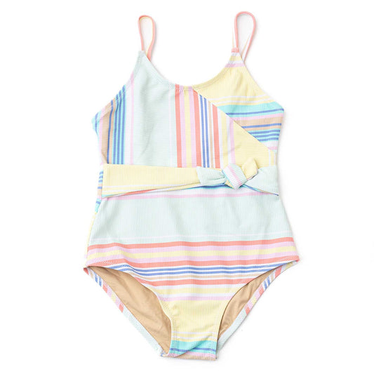 Surfer stripe ribbed faux wrap one piece