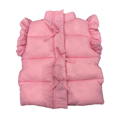 Ruffle puffer vest w. bows - pink