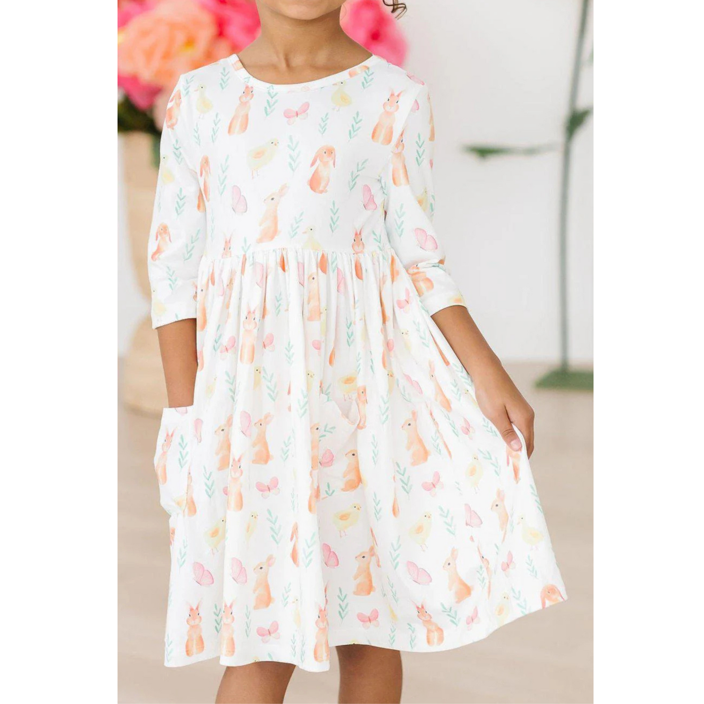 Sunny bunnies 3/4 sleeve pocket twirl dress