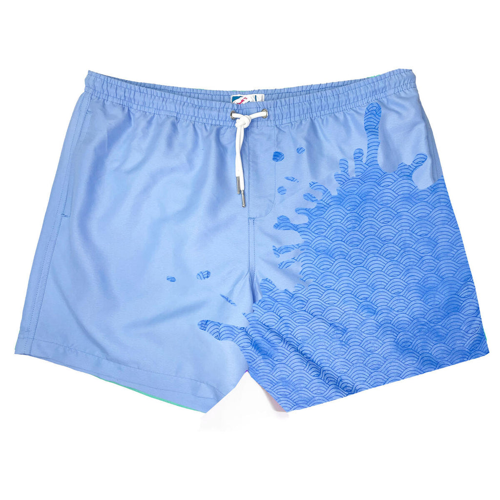 Blue to waves color changing swim trunks