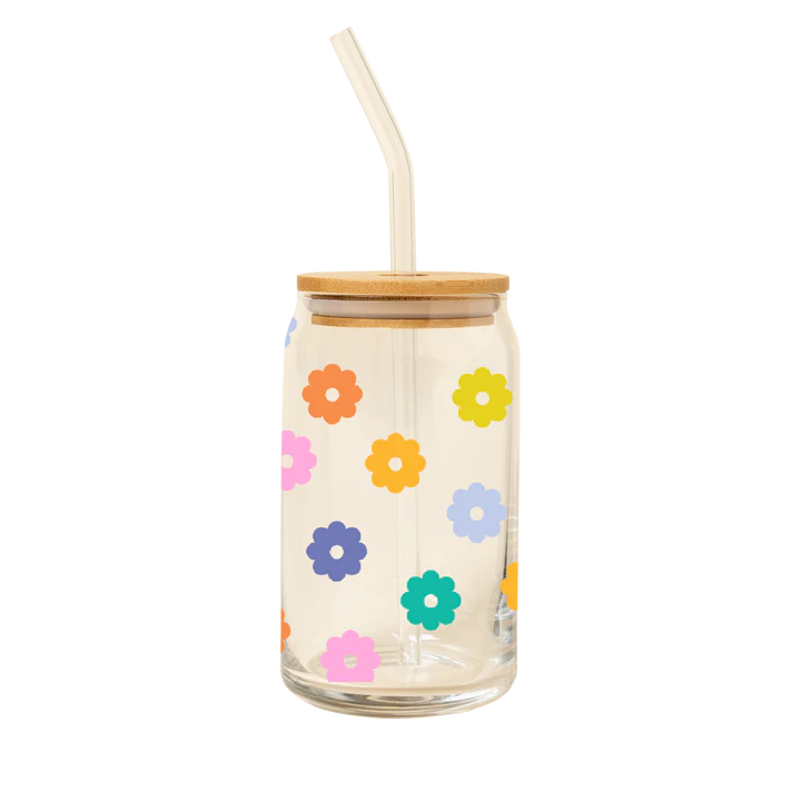 Can glass w. lid & straw - daisy